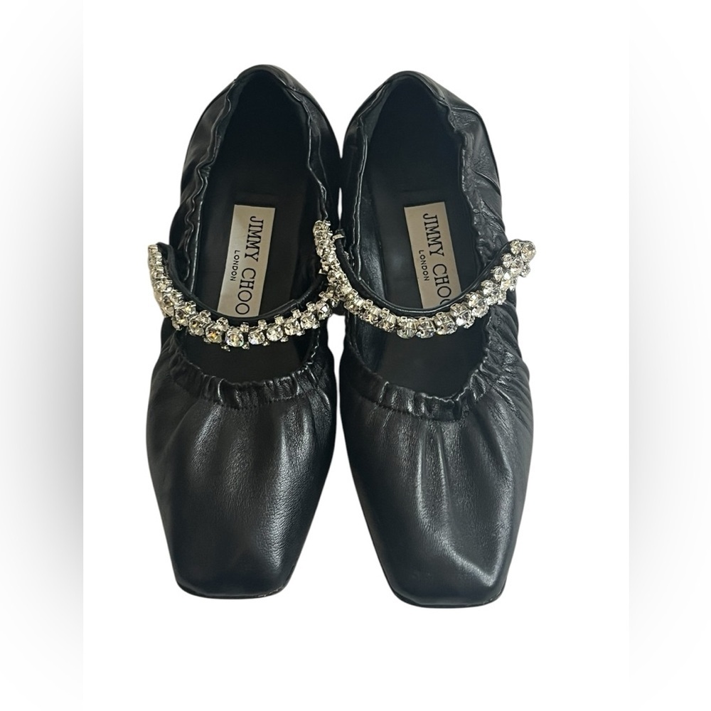 Jimmy Choo Gai Square-Toe Crystal-Strap Leather Ballerina Flats 34, pre-owned. - Picture 10 of 16